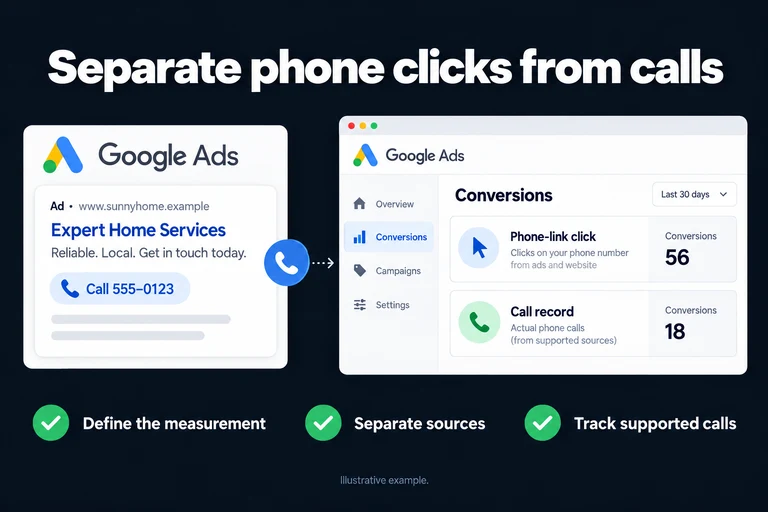 Separate phone clicks from calls. Illustrative interface: Phone-link click · Call record · Separate measurements. Define the measurement; Separate sources; Track supported calls.