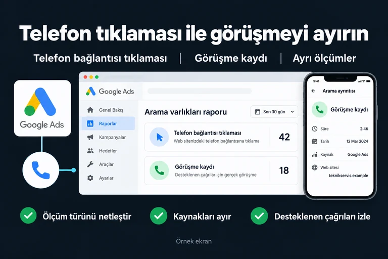 Telefon tıklaması ile görüşmeyi ayırın. Örnek ekran: Telefon bağlantısı tıklaması · Görüşme kaydı · Ayrı ölçümler. Ölçüm türünü netleştir; Kaynakları ayır; Desteklenen çağrıları izle.