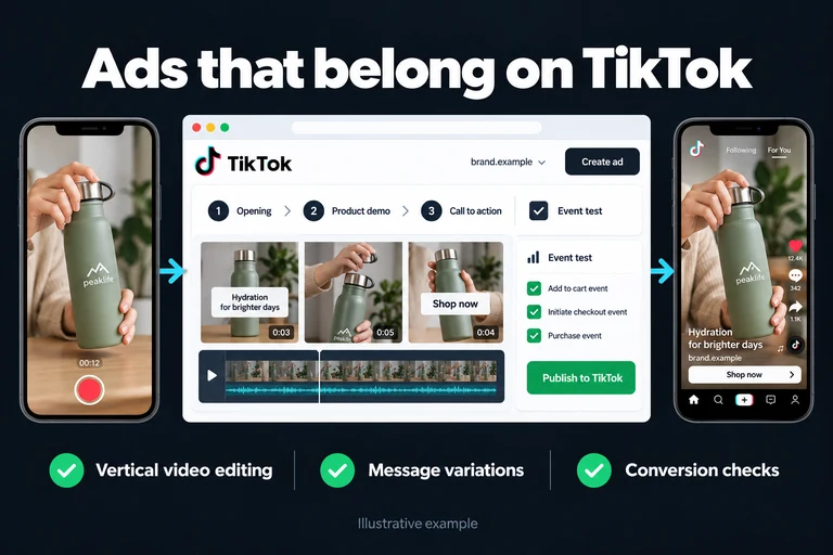Ads that belong on TikTok. Illustrative interface: Opening • Product demo • Call to action | Event test. Vertical video editing; Message variations; Conversion checks.
