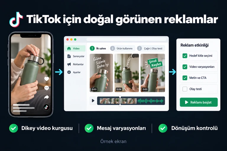 TikTok için doğal görünen reklamlar. Örnek ekran: İlk sahne • Ürün kullanımı • Çağrı | Olay testi. Dikey video kurgusu; Mesaj varyasyonları; Dönüşüm kontrolü.
