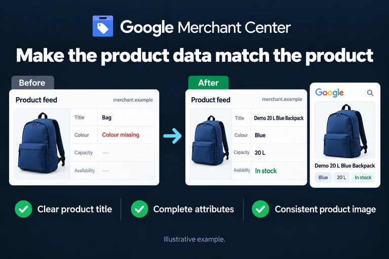 Make the product data match the product. Illustrative interface: Bag · Colour missing · Demo 20 L Blue Backpack · Blue · 20 L · In stock. Clear product title; Complete attributes; Consistent product image.