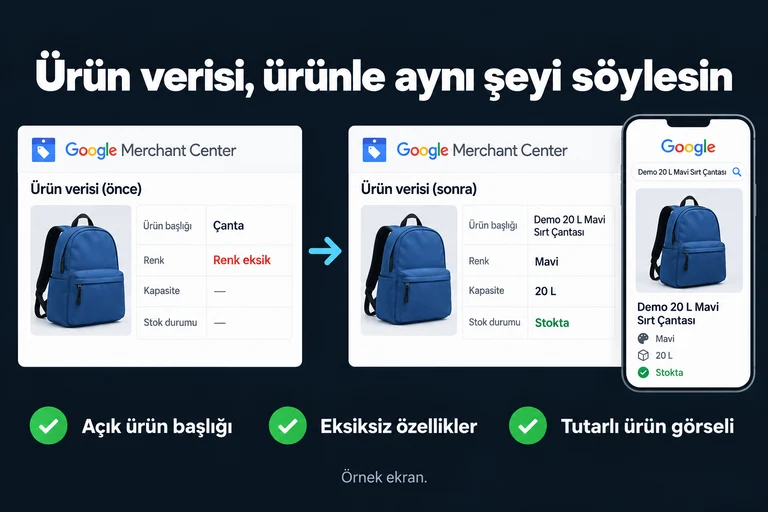 Ürün verisi, ürünle aynı şeyi söylesin. Örnek ekran: Çanta · Renk eksik · Demo 20 L Mavi Sırt Çantası · Mavi · 20 L · Stokta. Açık ürün başlığı; Eksiksiz özellikler; Tutarlı ürün görseli.