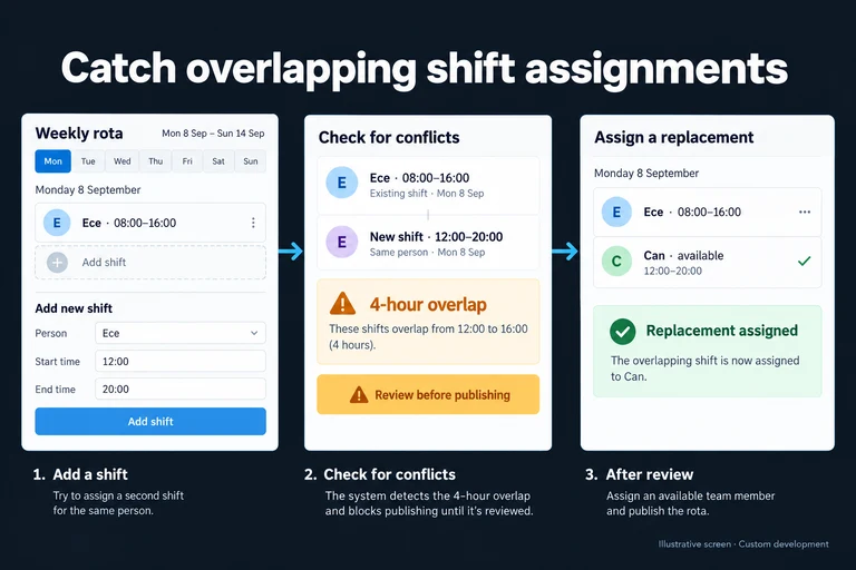 Illustrative screen: Catch overlapping shift assignments. Ece · 08:00–16:00. New shift · 12:00–20:00. 4-hour overlap. Can · available. Review before publishing.