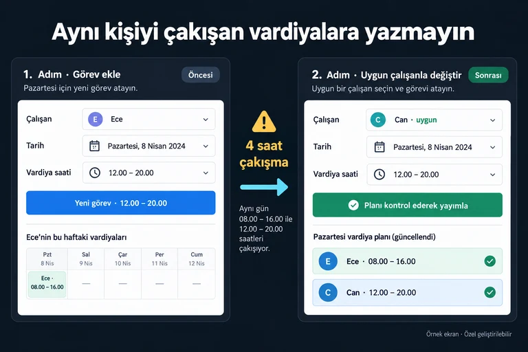 Örnek ekran: Aynı kişiyi çakışan vardiyalara yazmayın. Ece · 08.00–16.00. Yeni görev · 12.00–20.00. 4 saat çakışma. Can · uygun. Planı kontrol ederek yayımla.