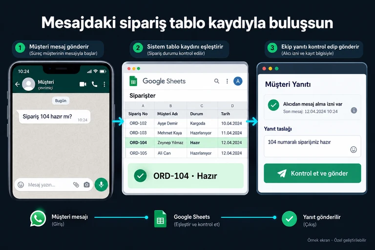 Örnek ekran: Mesajdaki sipariş tablo kaydıyla buluşsun. Sipariş 104 hazır mı?. ORD-104 · Hazır. Yanıt taslağı. 104 numaralı siparişiniz hazır. Kontrol et ve gönder.