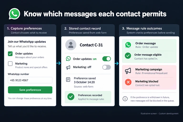 Illustrative screen: Know which messages each contact permits. Contact C-31. Order updates: on. Marketing: off. Preference saved 3 October 14:20. Order message eligible. Marketing blocked.