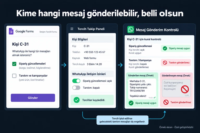 Örnek ekran: Kime hangi mesaj gönderilebilir, belli olsun. Kişi C-31. Sipariş güncellemesi: açık. Tanıtım: kapalı. Tercih kaydı 3 Ekim 14.20. Sipariş mesajı uygun. Tanıtım gönderilmez.