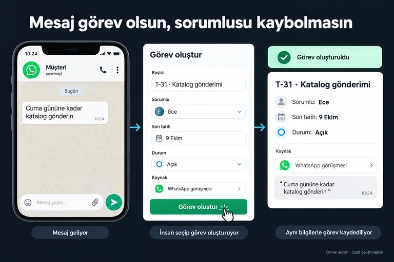 Örnek ekran: Mesaj görev olsun, sorumlusu kaybolmasın. Cuma gününe kadar katalog gönderin. Görev oluştur. T-31 · Katalog gönderimi. Sorumlu: Ece. Son tarih: 9 Ekim. Durum: Açık.