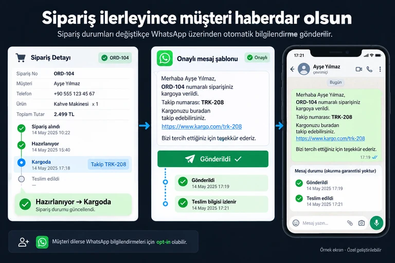 Örnek ekran: Sipariş ilerleyince müşteri haberdar olsun. ORD-104. Hazırlanıyor → Kargoda. Takip TRK-208. Onaylı mesaj şablonu. Gönderildi. Teslim bilgisi izlenir.