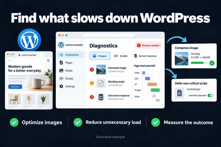 Find what slows down WordPress. Illustrative interface: Images | Scripts | Server response | Review needed. Optimize images; Reduce unnecessary load; Measure the outcome.
