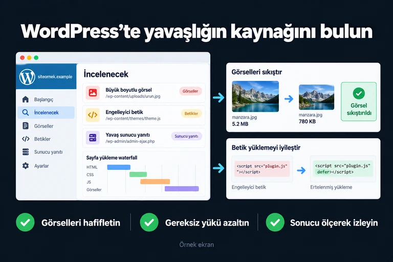 WordPress’te yavaşlığın kaynağını bulun. Örnek ekran: Görseller | Betikler | Sunucu yanıtı | İncelenecek. Görselleri hafifletin; Gereksiz yükü azaltın; Sonucu ölçerek izleyin.