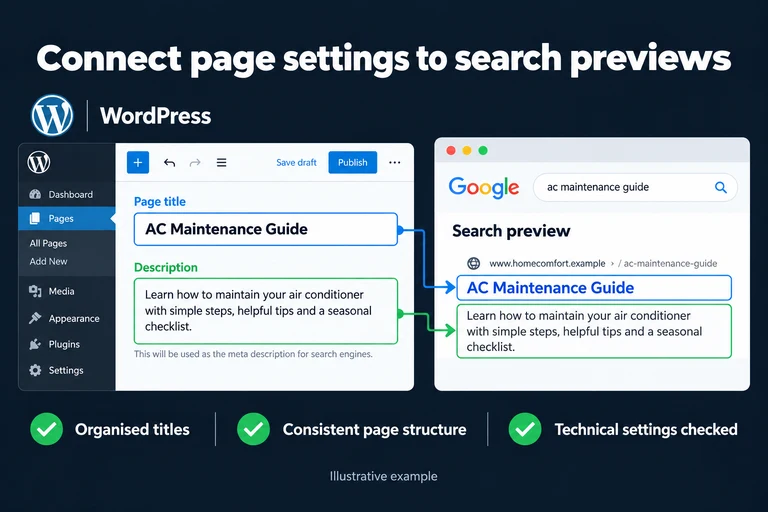 Connect page settings to search previews. Illustrative interface: WordPress · AC Maintenance Guide · Page title · Description · Search preview. Organised titles; Consistent page structure; Technical settings checked.