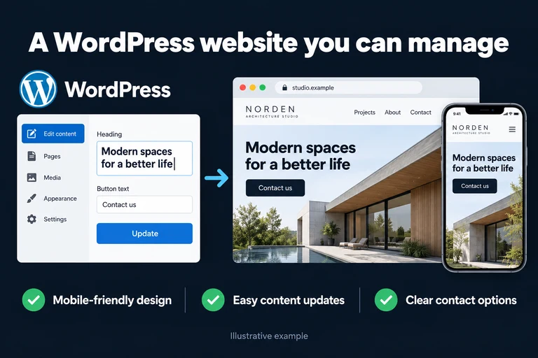 A WordPress website you can manage. Illustrative interface: Edit content | Projects • About • Contact. Mobile-friendly design; Easy content updates; Clear contact options.