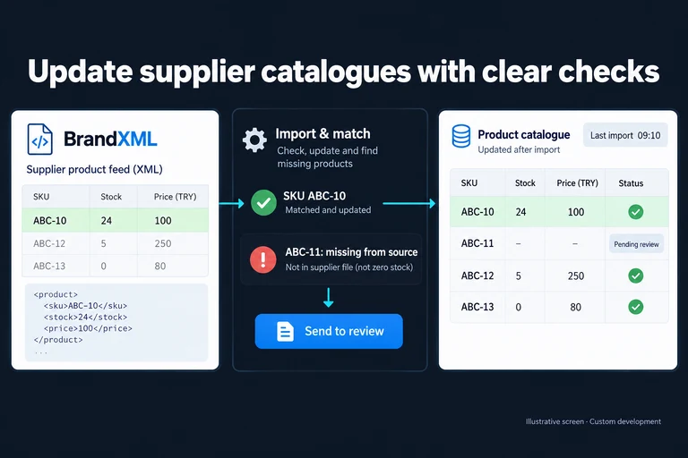 Illustrative screen: Update supplier catalogues with clear checks. SKU ABC-10. Stock 24. Price TRY 100. Last import 09:10. ABC-11: missing from source. Send to review.