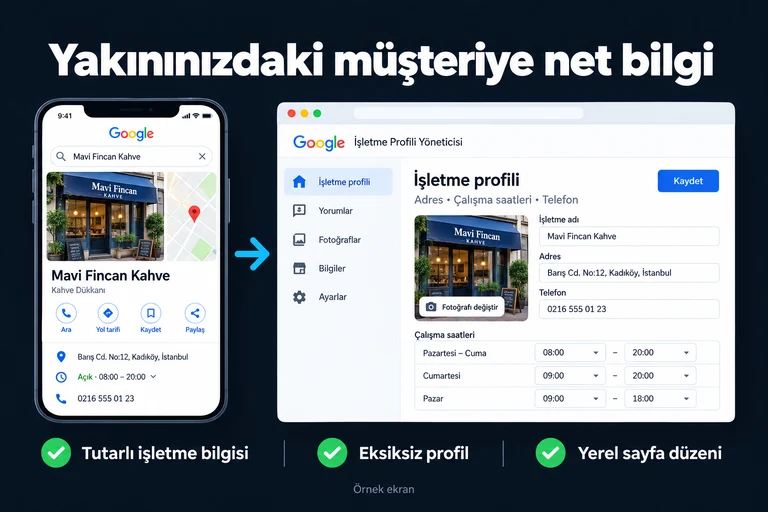 Yakınınızdaki müşteriye net bilgi. Örnek ekran: İşletme profili | Adres • Çalışma saatleri • Telefon. Tutarlı işletme bilgisi; Eksiksiz profil; Yerel sayfa düzeni.