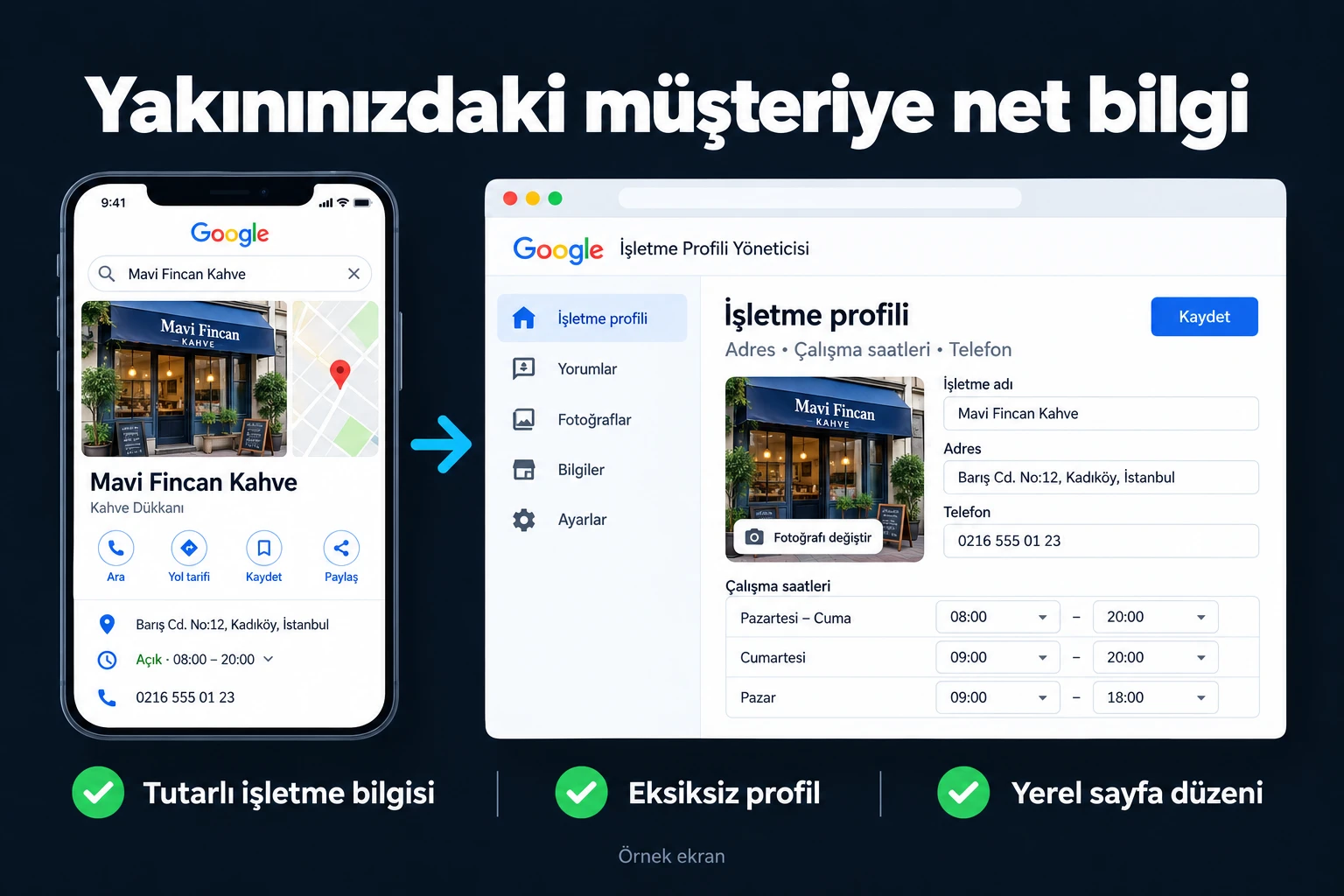 Yakınınızdaki müşteriye net bilgi. Örnek ekran: İşletme profili | Adres • Çalışma saatleri • Telefon. Tutarlı işletme bilgisi; Eksiksiz profil; Yerel sayfa düzeni.