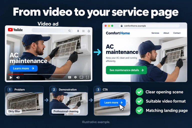 From video to your service page. Illustrative interface: AC maintenance · See maintenance details · Video ad · Service page. Clear opening scene; Suitable video format; Matching landing page.