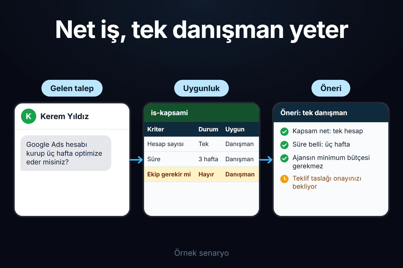 Örnek senaryo: tek hesap kurulumu ve üç haftalık optimizasyon isteyen bir işletme için kapsam net çıkar, tek kişilik danışman önerilir ve teklif taslağı onay bekler.