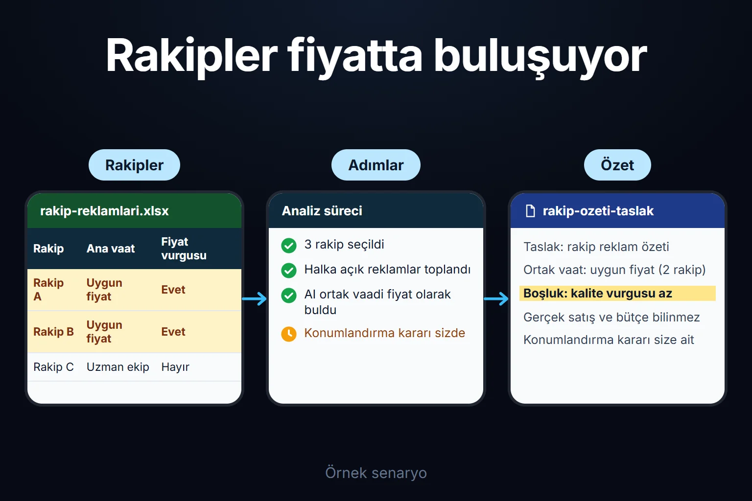 Örnek senaryo: üç rakibin halka açık reklam metinleri toplanır, AI ortak vaadi fiyat olarak bulur, boşluğu not eder ve konumlandırma kararı size bırakılır.