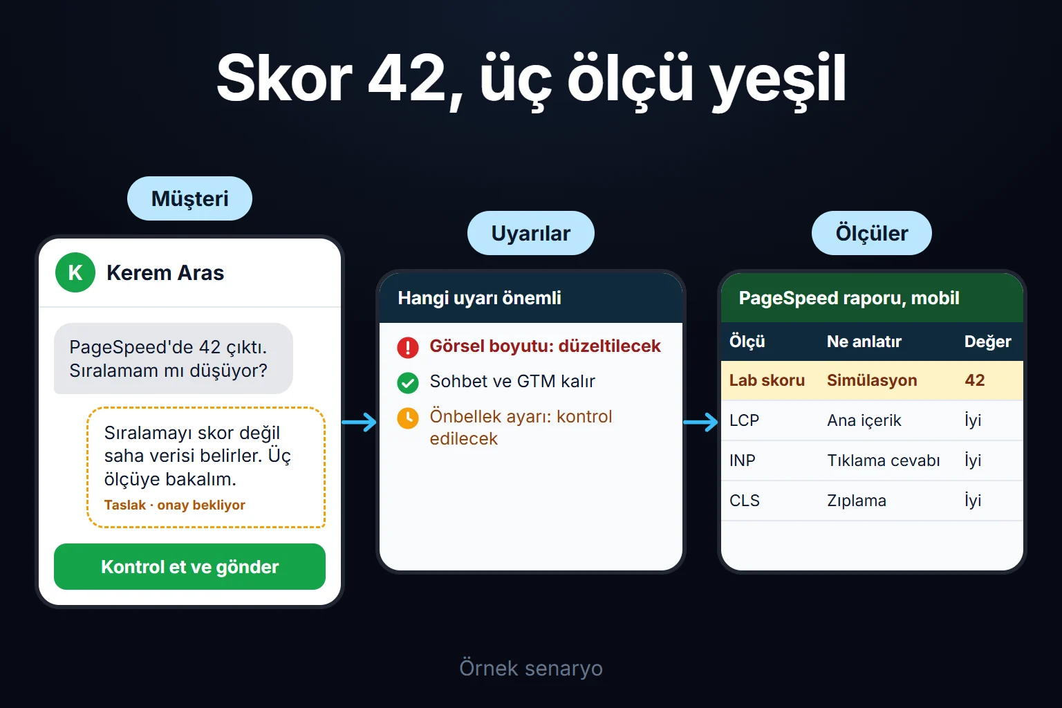 Örnek senaryo: skoru 42 çıkan bir sitede saha verisi üç ölçüde iyi bulunur; önemli uyarılar ayrılır, yalnız skor için sökülecek betikler yerinde kalır.