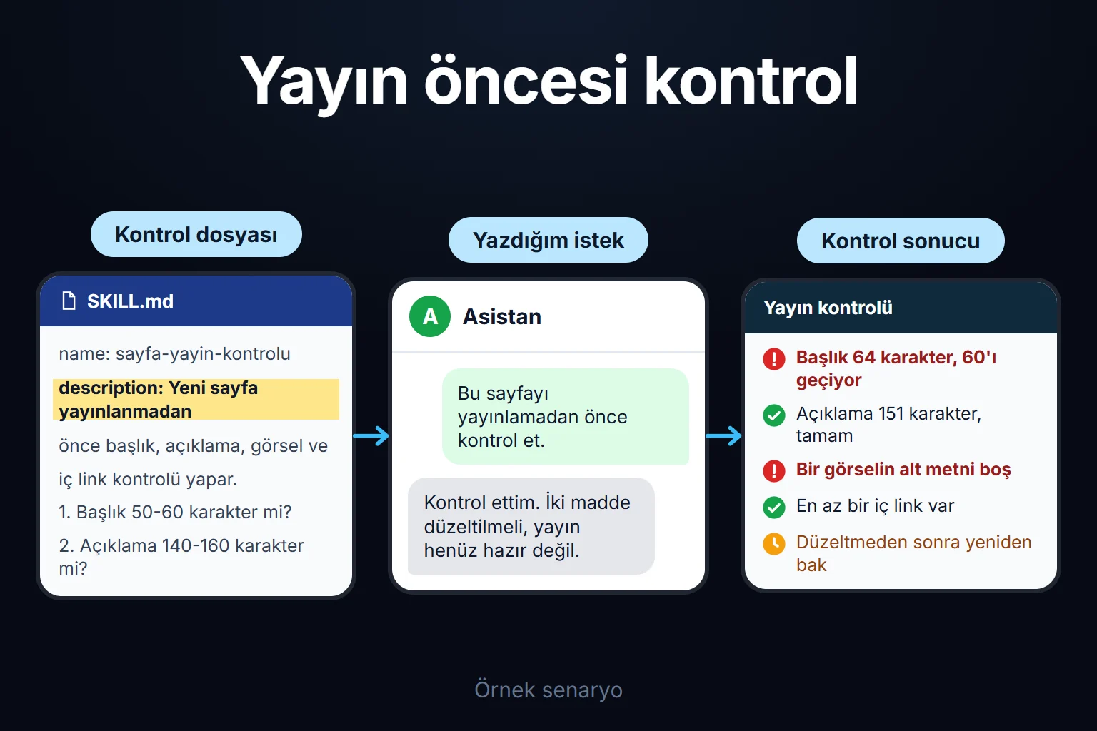 Örnek senaryo: kontrol adımı bir sayfada çalışır, başlık ve görsel alt metni eksikleri listelenir; düzeltilene kadar 'yayına hazır' denmez.