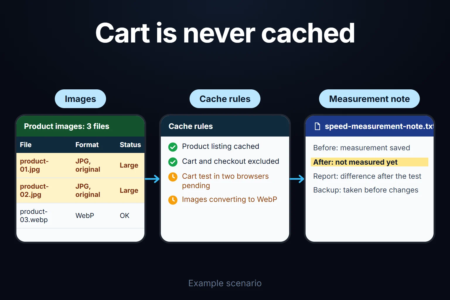 Example scenario: product images are converted to WebP and the cart page is kept out of the cache; no speed gain is claimed until it is measured, and the test is finished first.