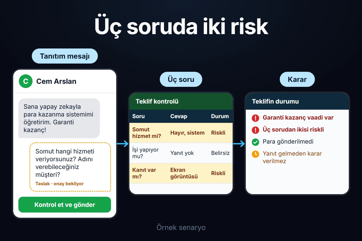 Örnek senaryo: yapay zekayla para kazanma sistemi satan birine üç soru sorulur; cevaplar riskli çıkınca para gönderilmez.