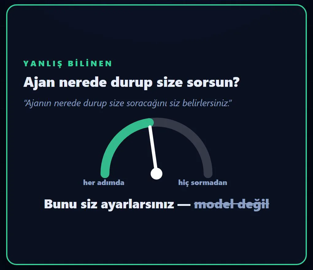 Yanlış bilinen kartı: ajan nerede durup size sorsun; her adımda ile hiç sormadan arasında bir gösterge ve “Bunu siz ayarlarsınız” yazısının yanında üstü çizili “model değil”