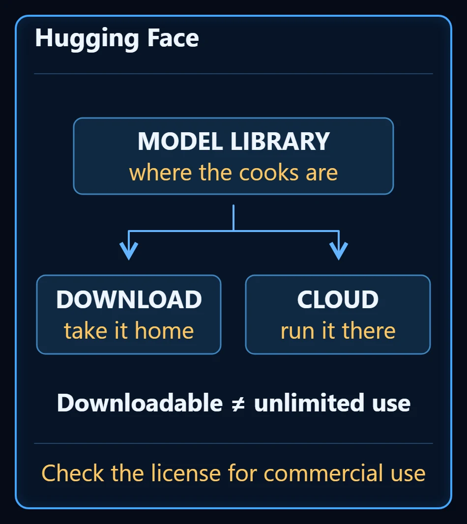 A model library box in the middle branching into download and run in the cloud, with a note that downloadable never means unlimited rights and that you should check the license for commercial use
