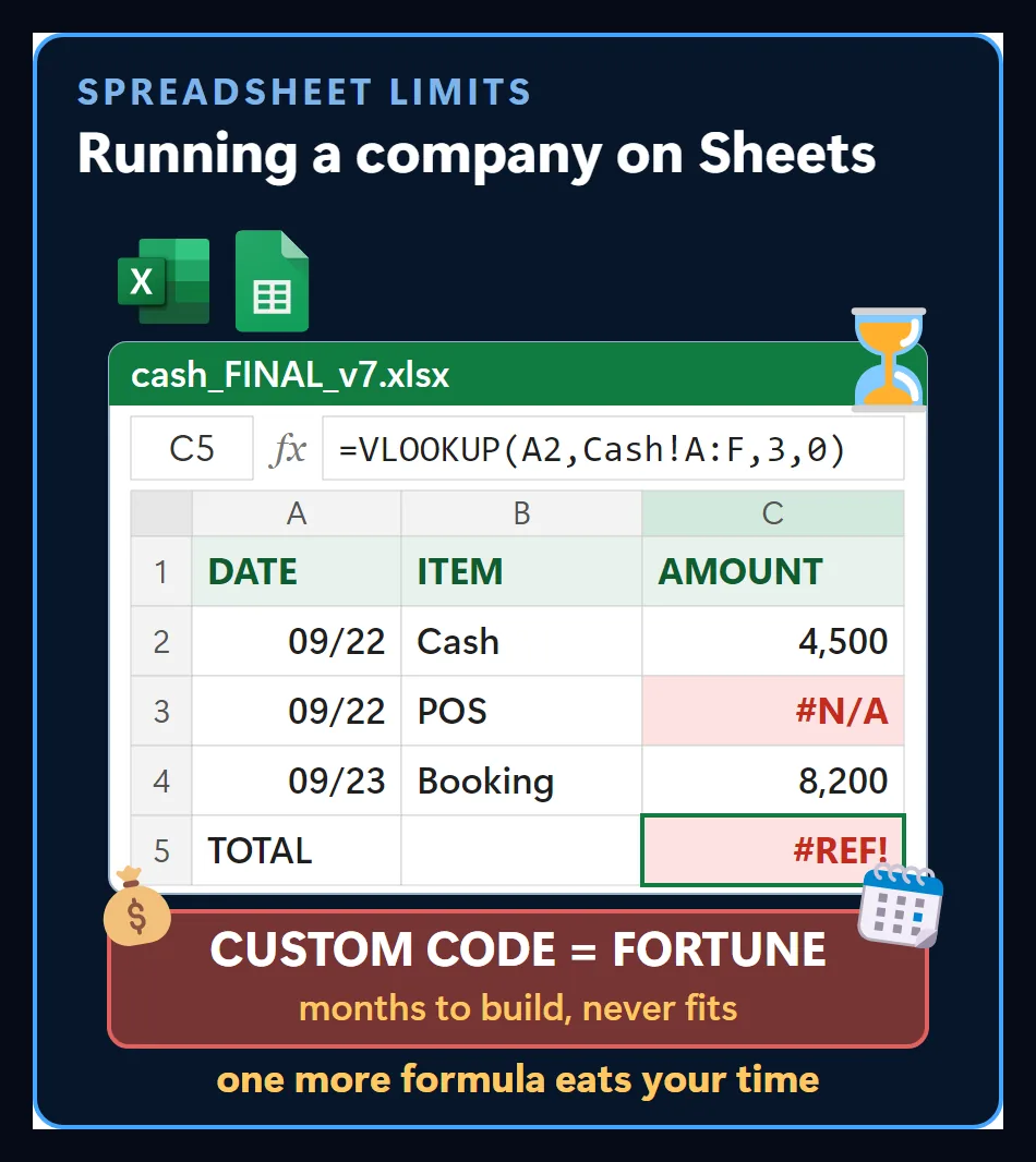 A cash sheet under the Excel and Google Sheets logos: a VLOOKUP formula, a REF error in the total cell and a box saying custom code costs a fortune