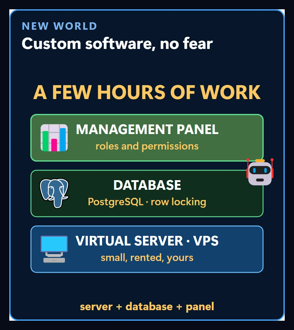 Three layers built from the bottom up: a virtual server, a PostgreSQL database and a management panel, with a few hours of work written above