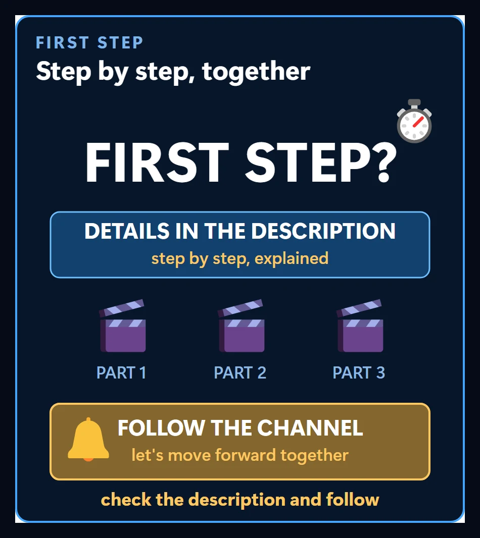 The first step question, a details in the description box, three part cards and a follow the channel call