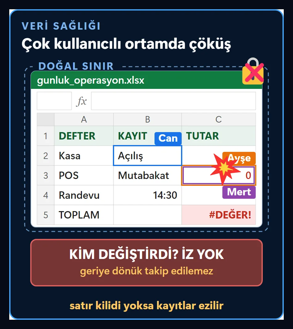 Günlük operasyon tablosunda aynı hücrede Ayşe ve Mert'in imleçleri, kilidin üstünde çarpı işareti, ezilen tutar ve kim değiştirdi, iz yok uyarısı