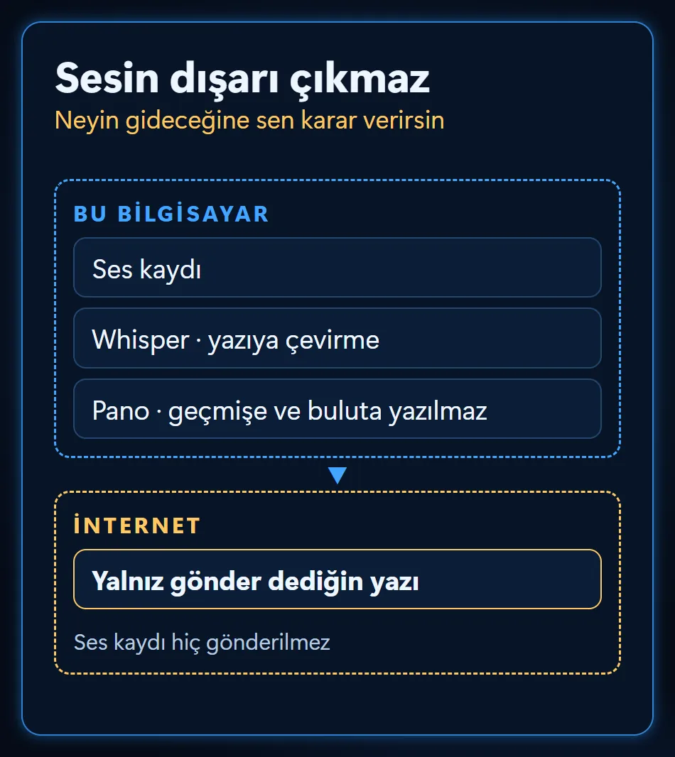 Gizlilik ayrımı: ses kaydı, yazıya çevirme ve pano bu bilgisayarda kalıyor; internete yalnız gönderilen yazı gidiyor