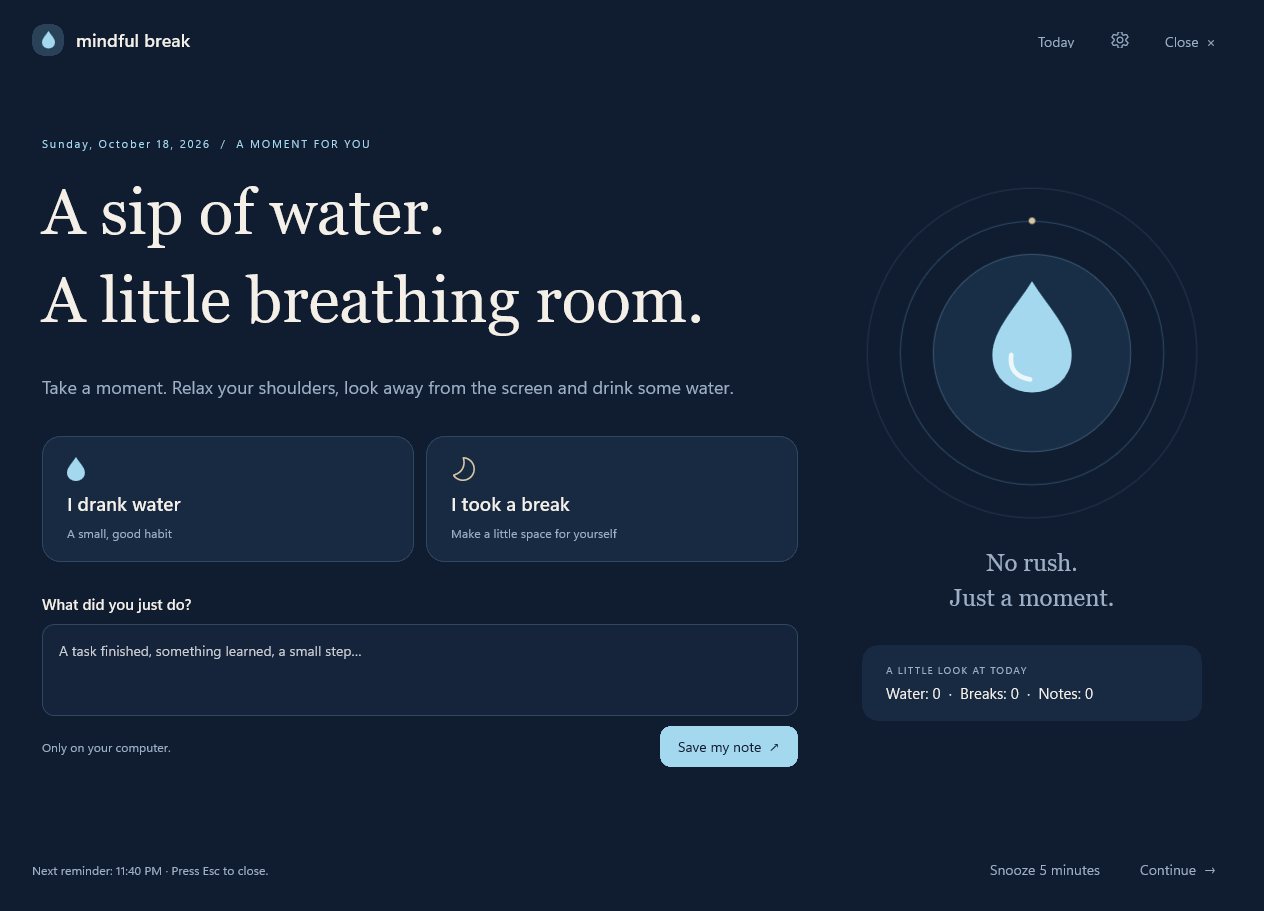 Mindful Break reminder with water and break buttons, a note field and visible close controls.