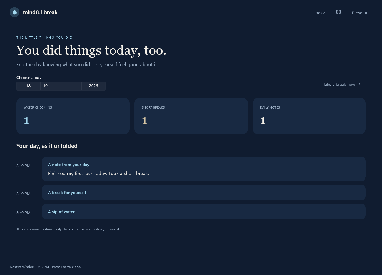 Mindful Break daily summary with one water check-in, one break and one illustrative work note.